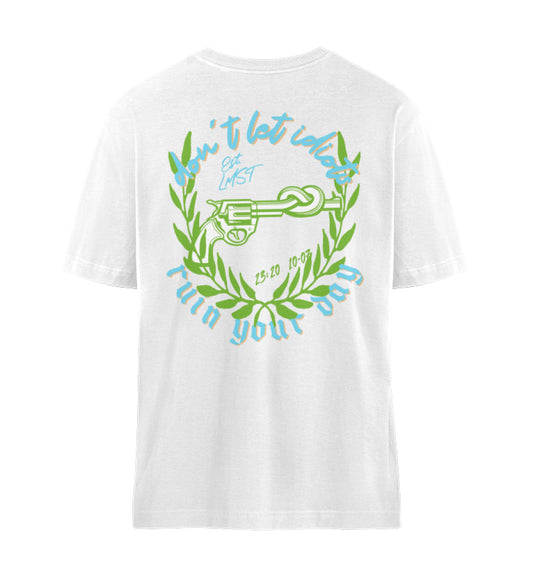 Weißes T-Shirt Unisex Relaxed Fit für Frauen und Männer bedruckt mit dem Design der Roger Rockawoo Kollektion dont let idiots ruin your day