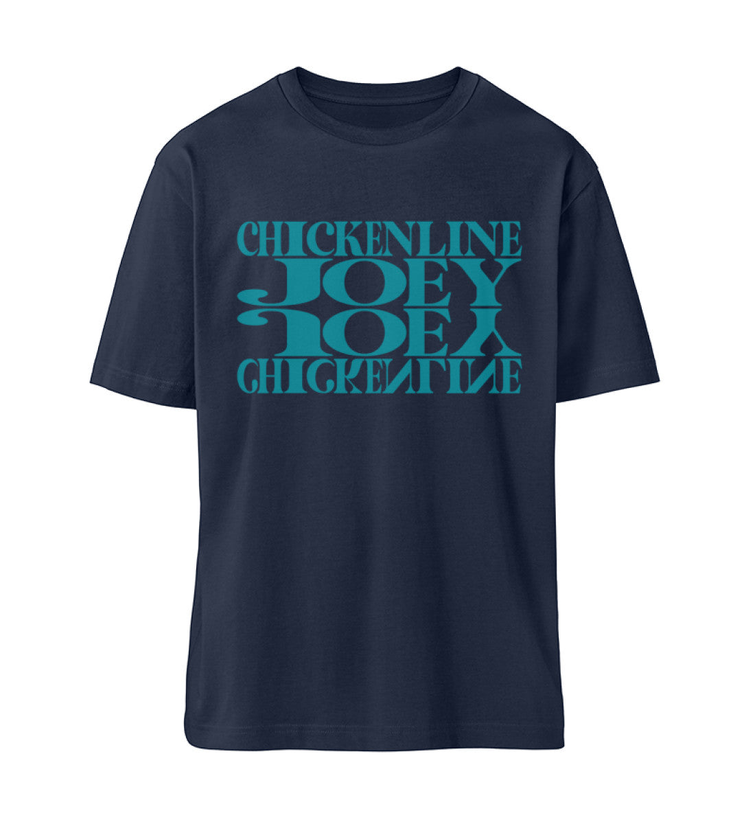 French Navy Blue farbiges T-Shirt Unisex Relaxed Fit für Frauen und Männer bedruckt mit dem Design der Roger Rockawoo Kollektion Downhill Chickenline Joey