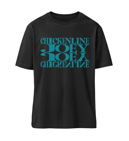 Schwarzes T-Shirt Unisex Relaxed Fit für Frauen und Männer bedruckt mit dem Design der Roger Rockawoo Kollektion Downhill Chickenline Joey