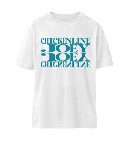 Weißes T-Shirt Unisex Relaxed Fit für Frauen und Männer bedruckt mit dem Design der Roger Rockawoo Downhill Chickenline Joey