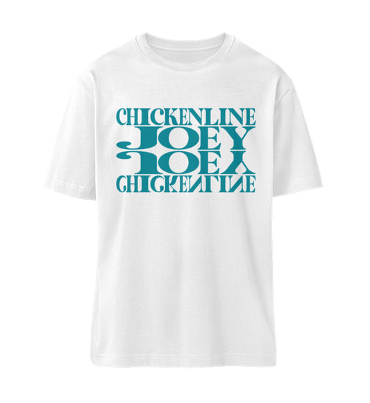 Weißes T-Shirt Unisex Relaxed Fit für Frauen und Männer bedruckt mit dem Design der Roger Rockawoo Downhill Chickenline Joey
