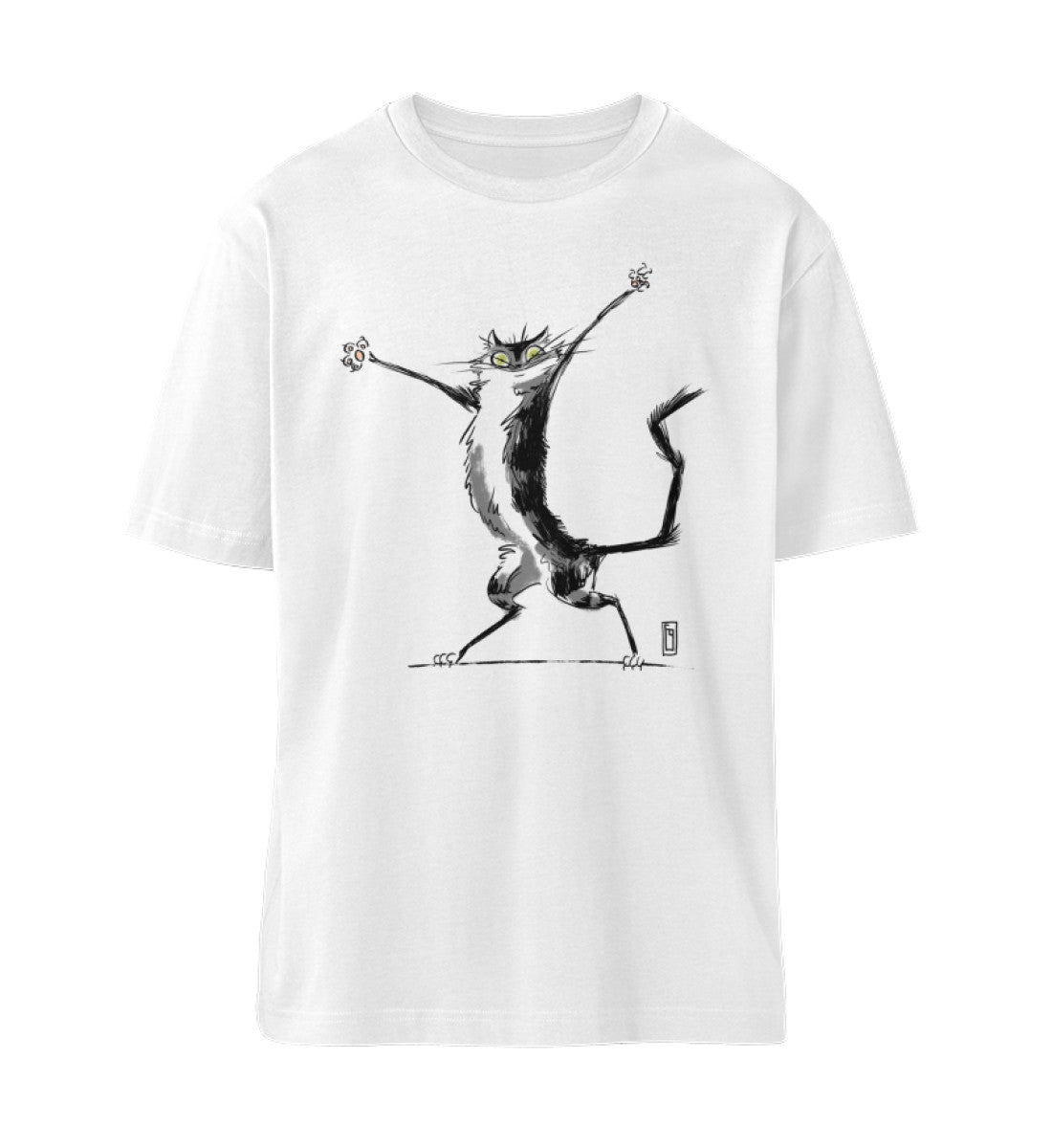 Weißes T-Shirt Unisex Relaxed Fit für Frauen und Männer bedruckt mit dem Design der frau gau Katzen Kollektion crazy cat chaos im Roger Rockawoo Clothing Onlineshop