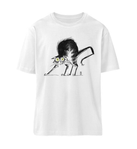Weißes T-Shirt Unisex Relaxed Fit für Frauen und Männer bedruckt mit dem Design der frau gau Katzen Kollektion do not panic im Roger Rockawoo Clothing Onlineshop