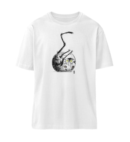 Weißes T-Shirt Unisex Relaxed Fit für Frauen und Männer bedruckt mit dem Design der frau gau Katzen Kollektion Goldfish im Roger Rockawoo Clothing Onlineshop