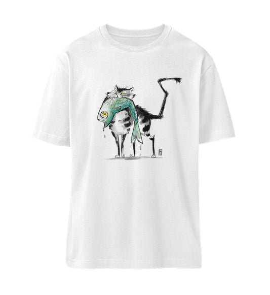Weißes T-Shirt Unisex Relaxed Fit für Frauen und Männer bedruckt mit dem Design der frau gau Katzen Kollektion how about the fish im Roger Rockawoo Clothing Onlineshop
