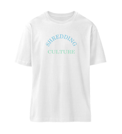 Weißes T-Shirt Unisex Relaxed Fit für Frauen und Männer bedruckt mit dem Design der Roger Rockawoo Kollektion Skateboard Shredding Culture Community