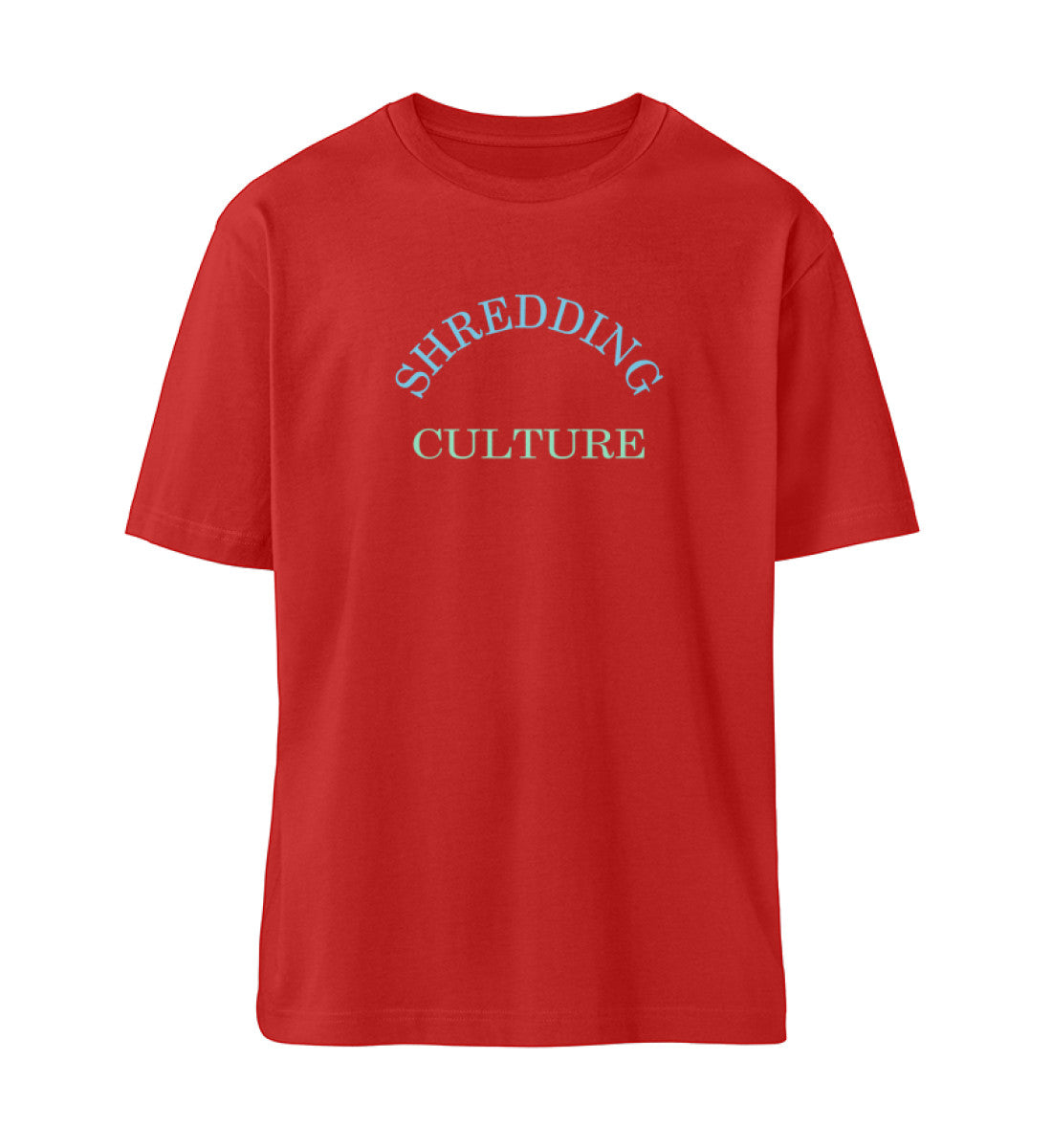 Rotes T-Shirt Unisex Relaxed Fit für Frauen und Männer bedruckt mit dem Design der Roger Rockawoo Kollektion Skateboard Shredding Culture Community