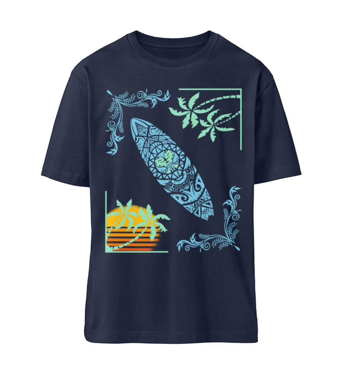 French Navy Blue T-Shirt im Relaxed Fit für Damen und Herren hinten bedruckt in schwarz und orange und gelb mit dem Surfbrett, untergehende Sonne und Palmen Design der Surf where wet dreams become true Kollektion von Roger Rockawoo Clothing