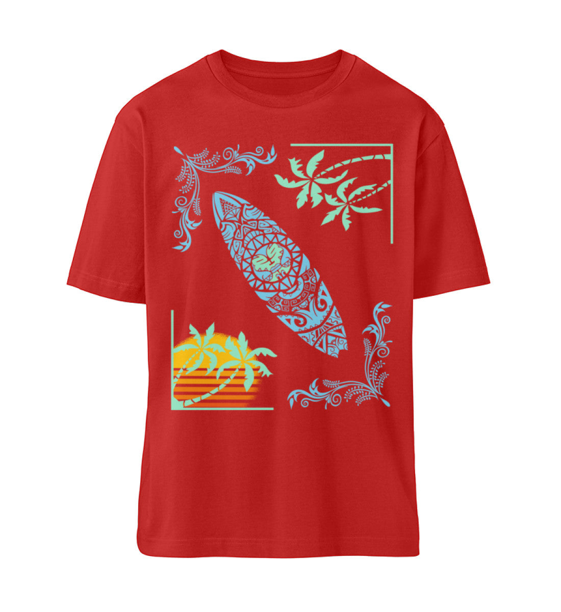 Rotes T-Shirt im Relaxed Fit für Damen und Herren hinten bedruckt in schwarz und orange und gelb mit dem Surfbrett, untergehende Sonne und Palmen Design der Surf where wet dreams become true Kollektion von Roger Rockawoo Clothing