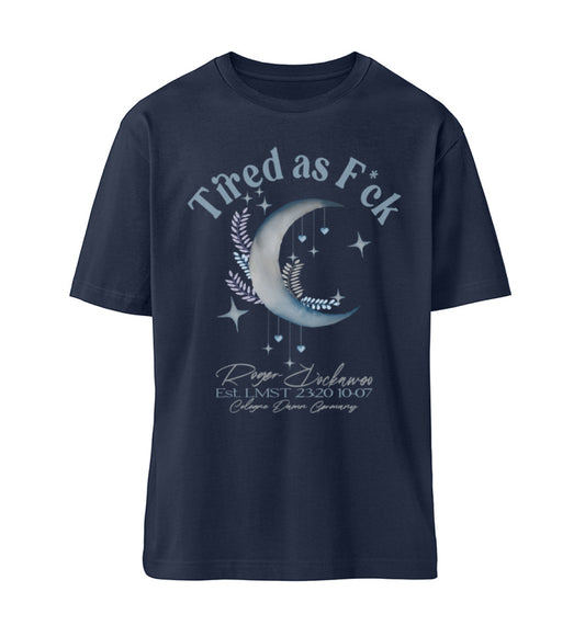 Navy Blue T-Shirt Unisex Relaxed Fit für Frauen und Männer bedruckt mit dem Design der Roger Rockawoo Kollektion tired as f