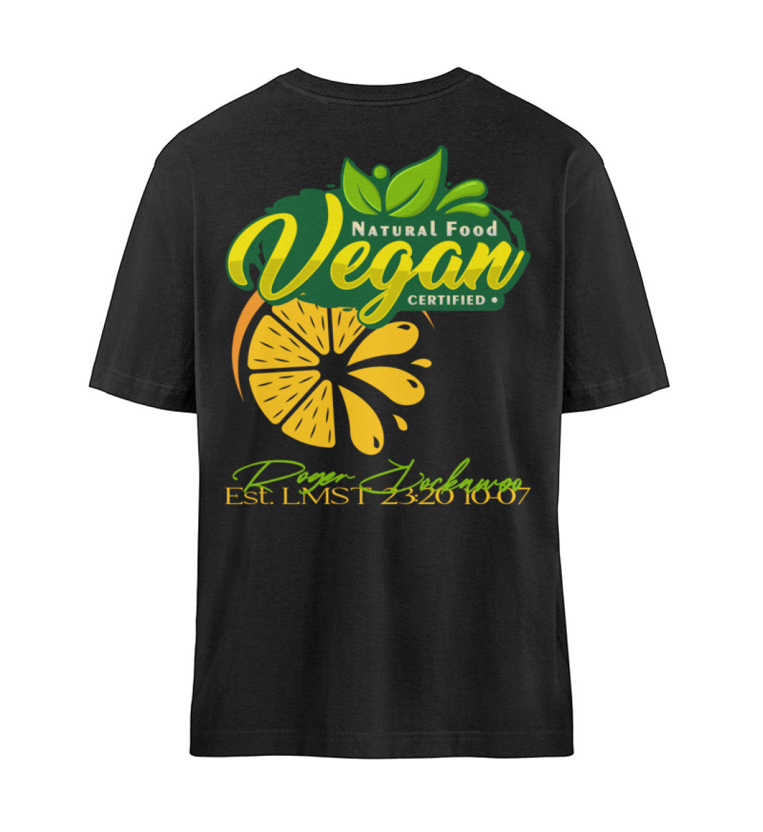 Schwarzes T-Shirt Unisex Relaxed Fit für Frauen und Männer bedruckt mit dem Design der Roger Rockawoo Kollektion vegan as f