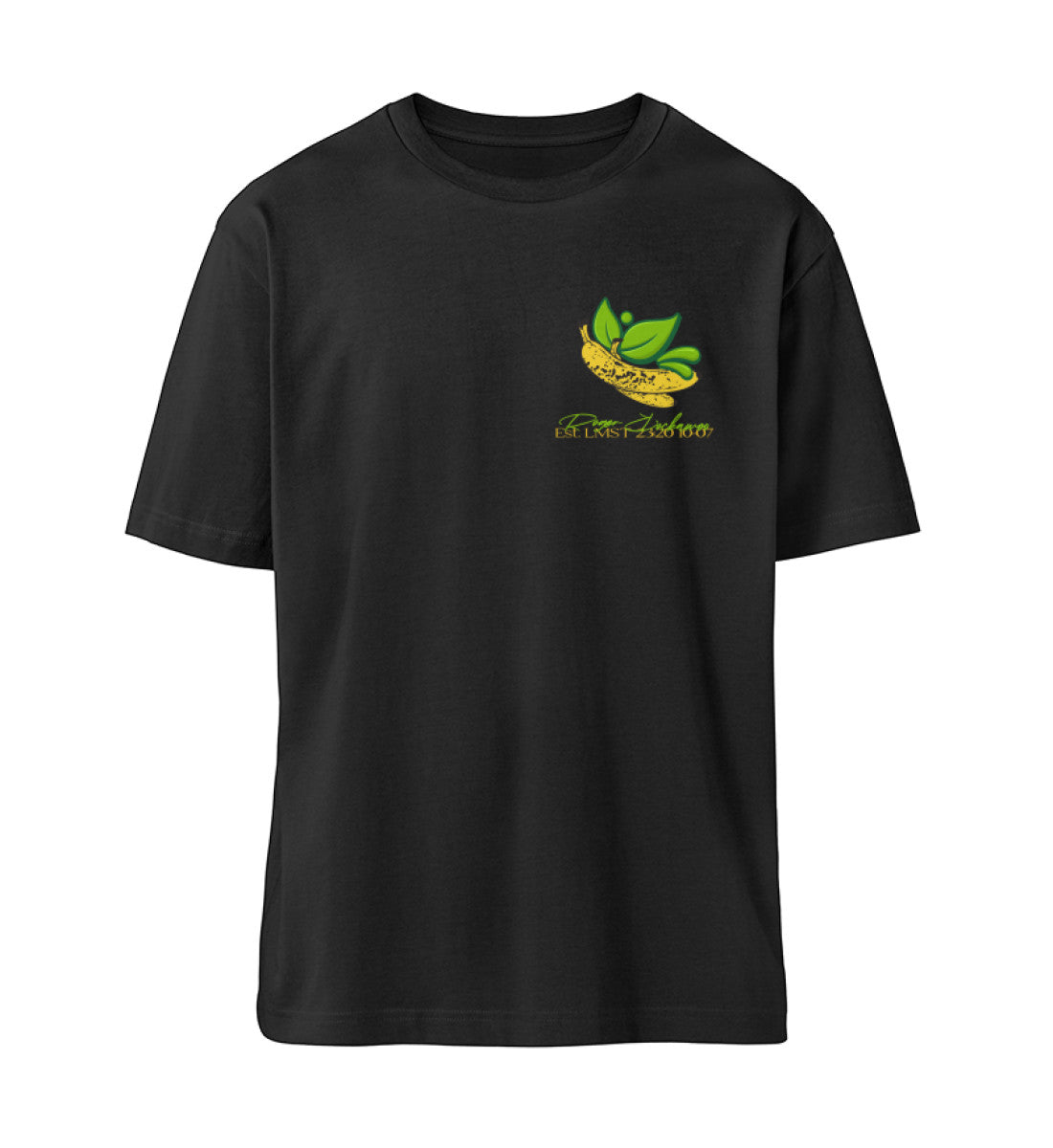 Schwarzes T-Shirt Unisex Relaxed Fit für Frauen und Männer bedruckt mit dem Design der Roger Rockawoo Kollektion vegan as f