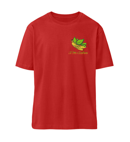 Rotes T-Shirt Unisex Relaxed Fit für Frauen und Männer bedruckt mit dem Design der Roger Rockawoo Kollektion vegan as f