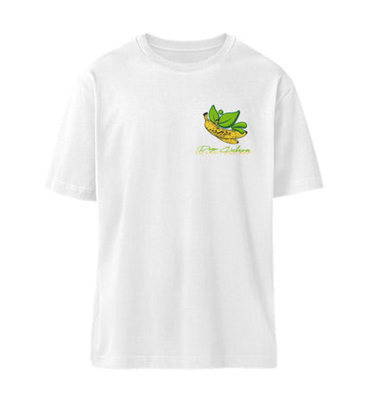 Weißes T-Shirt Unisex Relaxed Fit für Frauen und Männer bedruckt mit dem Design der Roger Rockawoo Kollektion vegan as f