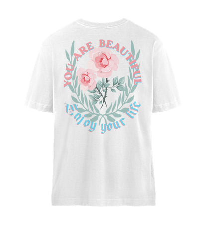 Weißes T-Shirt Unisex Relaxed Fit für Frauen und Männer bedruckt mit dem Design der Roger Rockawoo Kollektion You are beautiful