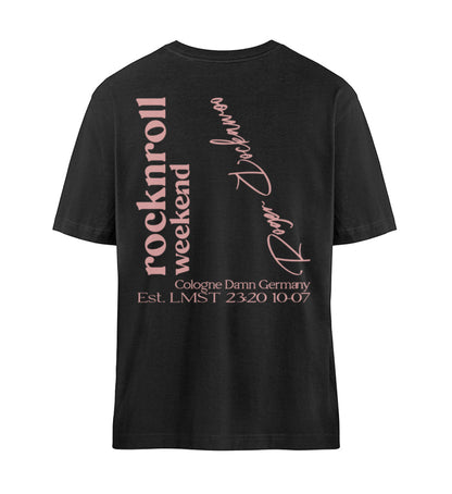 Schwarzes T-Shirt Unisex für Damen und Herren Relaxed Fit bedruckt in weiß mit Design der Kollektion Rocknroll Weekend und dem Logo Schriftzug von Roger Rockawoo Clothing