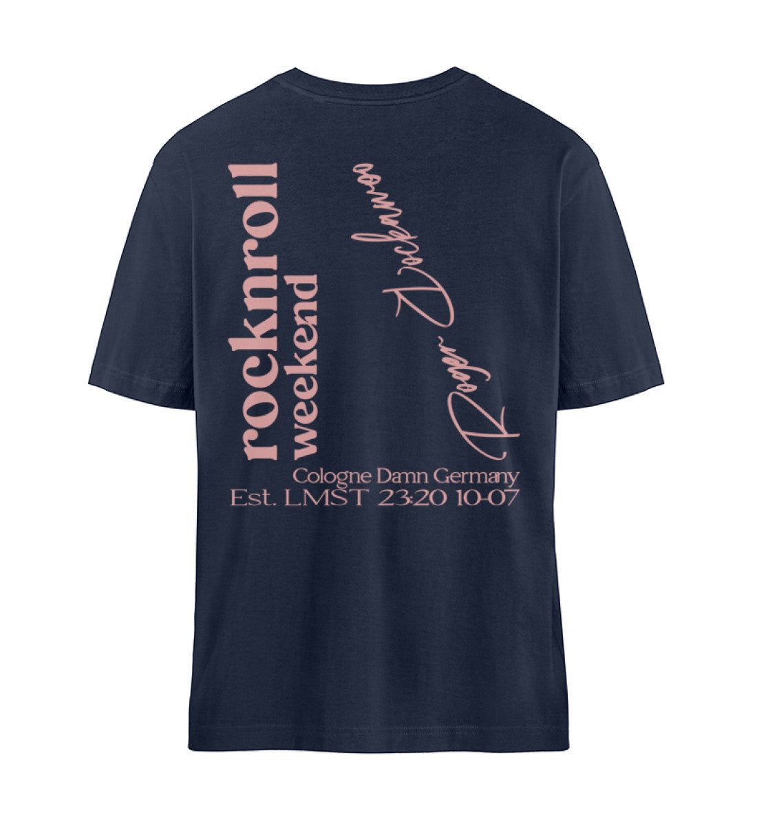 French Navy Blue T-Shirt Unisex für Damen und Herren Relaxed Fit bedruckt in weiß mit Design der Kollektion Rocknroll Weekend und dem Logo Schriftzug von Roger Rockawoo Clothing
