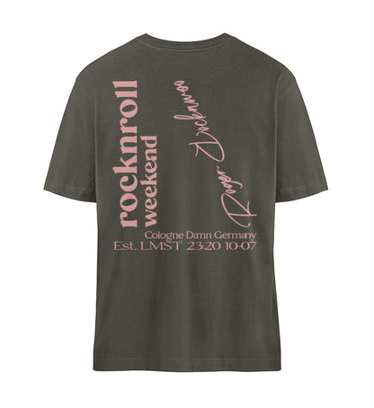Khaki T-Shirt Unisex für Damen und Herren Relaxed Fit bedruckt in weiß mit Design der Kollektion Rocknroll Weekend und dem Logo Schriftzug von Roger Rockawoo Clothing