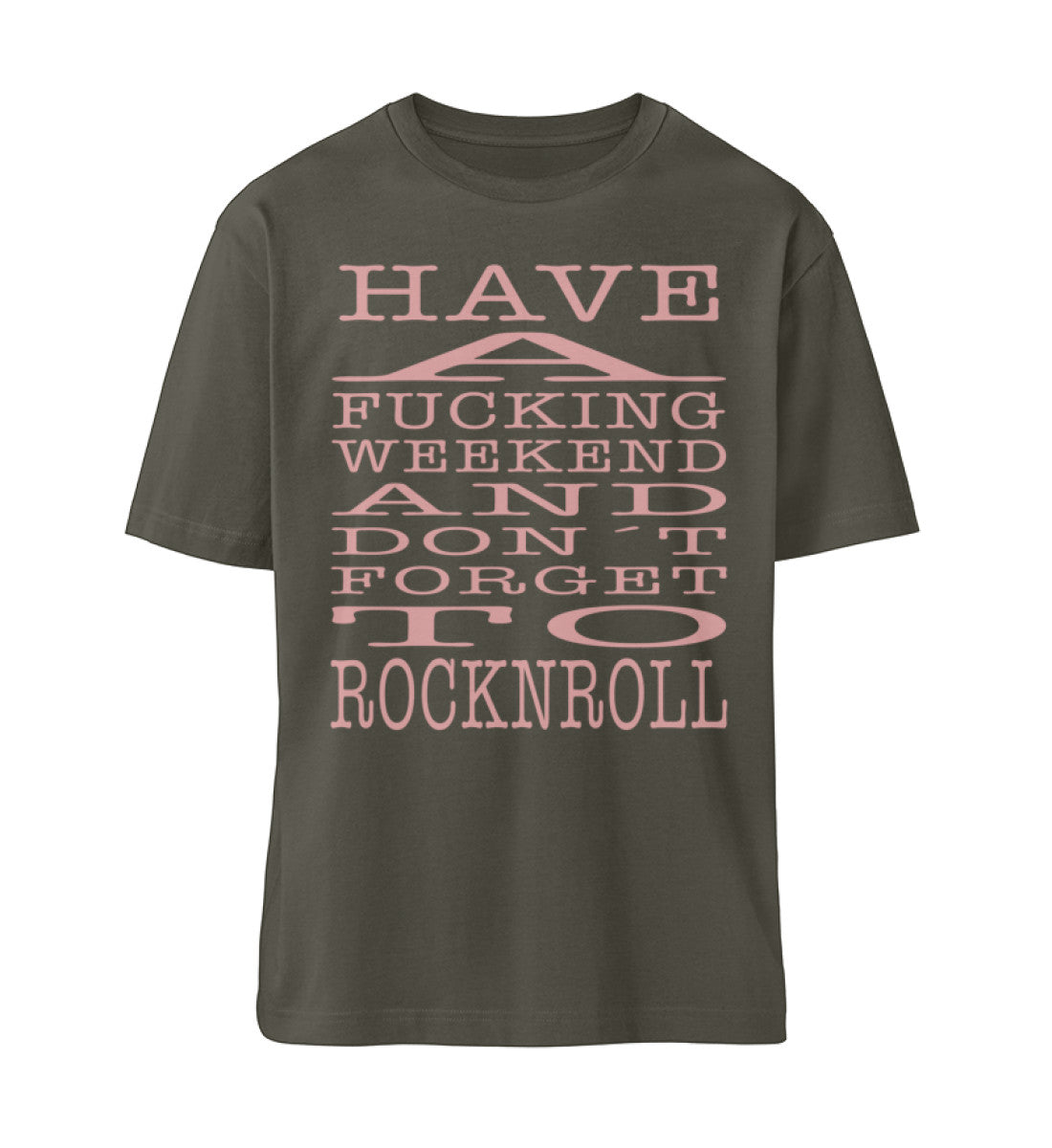 Khaki T-Shirt Unisex für Damen und Herren Relaxed Fit bedruckt in weiß mit Design der Kollektion Rocknroll Weekend und dem Logo Schriftzug von Roger Rockawoo Clothing