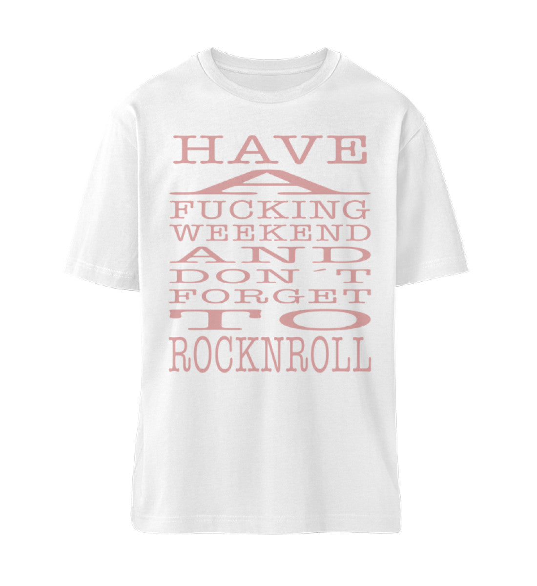 Weißes T-Shirt Unisex für Damen und Herren Relaxed Fit bedruckt in weiß mit Design der Kollektion Rocknroll Weekend und dem Logo Schriftzug von Roger Rockawoo Clothing