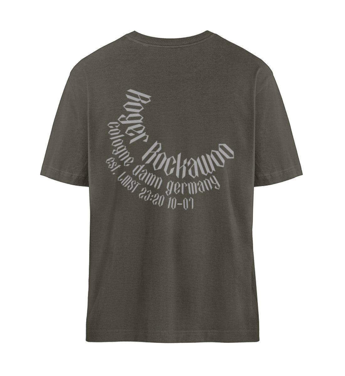 Khaki farbiges T-Shirt Unisex Relaxed Fit für Frauen und Männer bedruckt mit dem Design der Roger Rockawoo Kollektion Rocknroll never lies