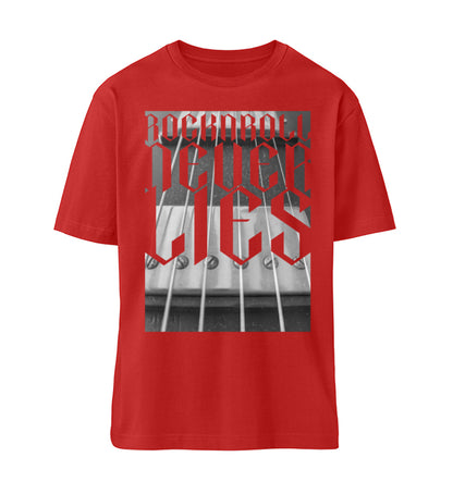 Rotes T-Shirt Unisex Relaxed Fit für Frauen und Männer bedruckt mit dem Design der Roger Rockawoo Kollektion Rocknroll never lies