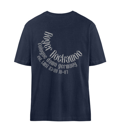 French Navy Blue farbiges T-Shirt Unisex Relaxed Fit für Frauen und Männer bedruckt mit dem Design der Roger Rockawoo Kollektion Rocknroll never lies
