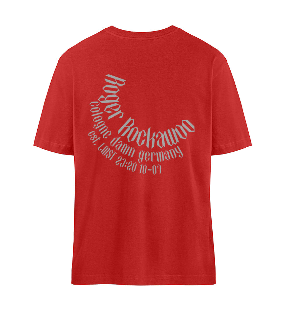Rotes T-Shirt Unisex Relaxed Fit für Frauen und Männer bedruckt mit dem Design der Roger Rockawoo Kollektion Rocknroll never lies