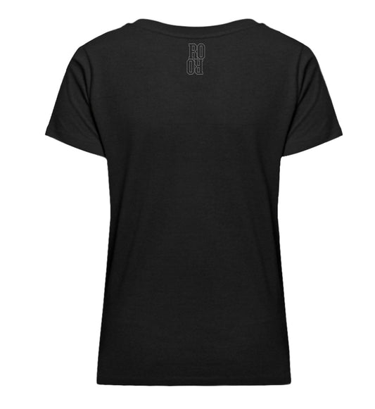 Schwarzes Damen T-Shirt mit V-Ausschnitt bedruckt mit dem Design der Roger Rockawoo Kollektion Minimalism