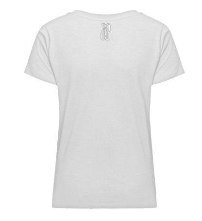 Weißes Damen T-Shirt mit V-Ausschnitt bedruckt mit dem Design der Roger Rockawoo Kollektion Minimalism