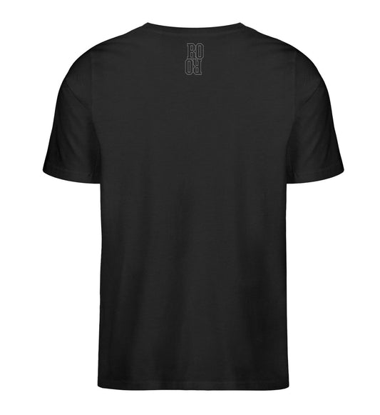 Schwarzes Herren T-Shirt mit V-Ausschnitt bedruckt mit dem Design der Roger Rockawoo Kollektion Minimalism