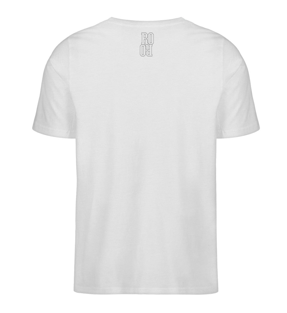Weißes Herren T-Shirt mit V-Ausschnitt bedruckt mit dem Design der Roger Rockawoo Kollektion Minimalism