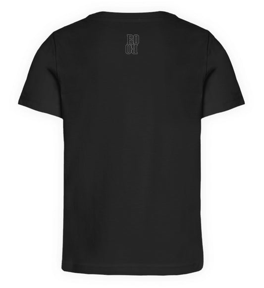 Schwarzes Kinder T-Shirt für Mädchen und Jungen bedruckt mit dem Design der Roger Rockawoo Kollektion Minimalism
