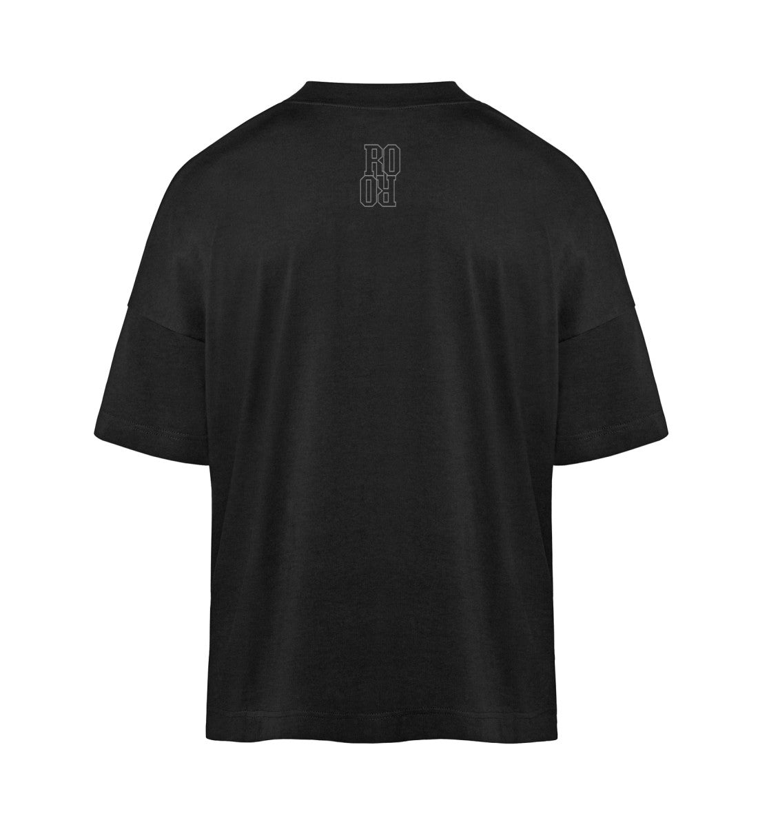 Schwarzes T-Shirt Unisex Oversize Fit für Frauen und Männer bedruckt mit dem Design der Roger Rockawoo Kollektion Minimalism