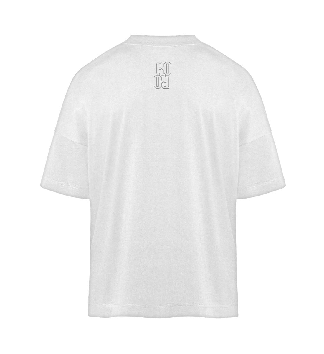 Weißes T-Shirt Unisex Oversize Fit für Frauen und Männer bedruckt mit dem Design der Roger Rockawoo Kollektion Minimalism