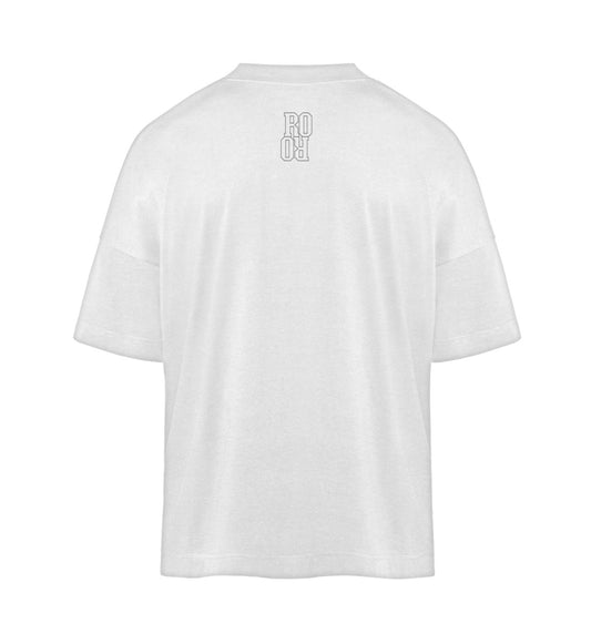 Weißes T-Shirt Unisex Oversize Fit für Frauen und Männer bedruckt mit dem Design der Roger Rockawoo Kollektion Minimalism