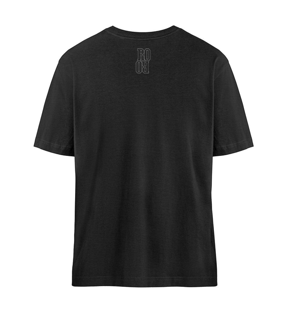 Schwarzes T-Shirt Unisex Relaxed Fit für Frauen und Männer bedruckt mit dem Design der Roger Rockawoo Kollektion Minimalism