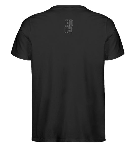 Schwarzes T-Shirt für Frauen und Männer bedruckt mit dem Design der Roger Rockawoo Kollektion Minimalism