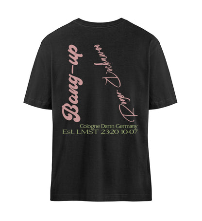 Schwarzes T-Shirt Unisex für Damen und Herren im Relaxed Fit rückseitig bedruckt in schwarz mit Design der Skateboard Bang Up Brain Kollektion und dem Logo Schriftzug von Roger Rockawoo Clothing
