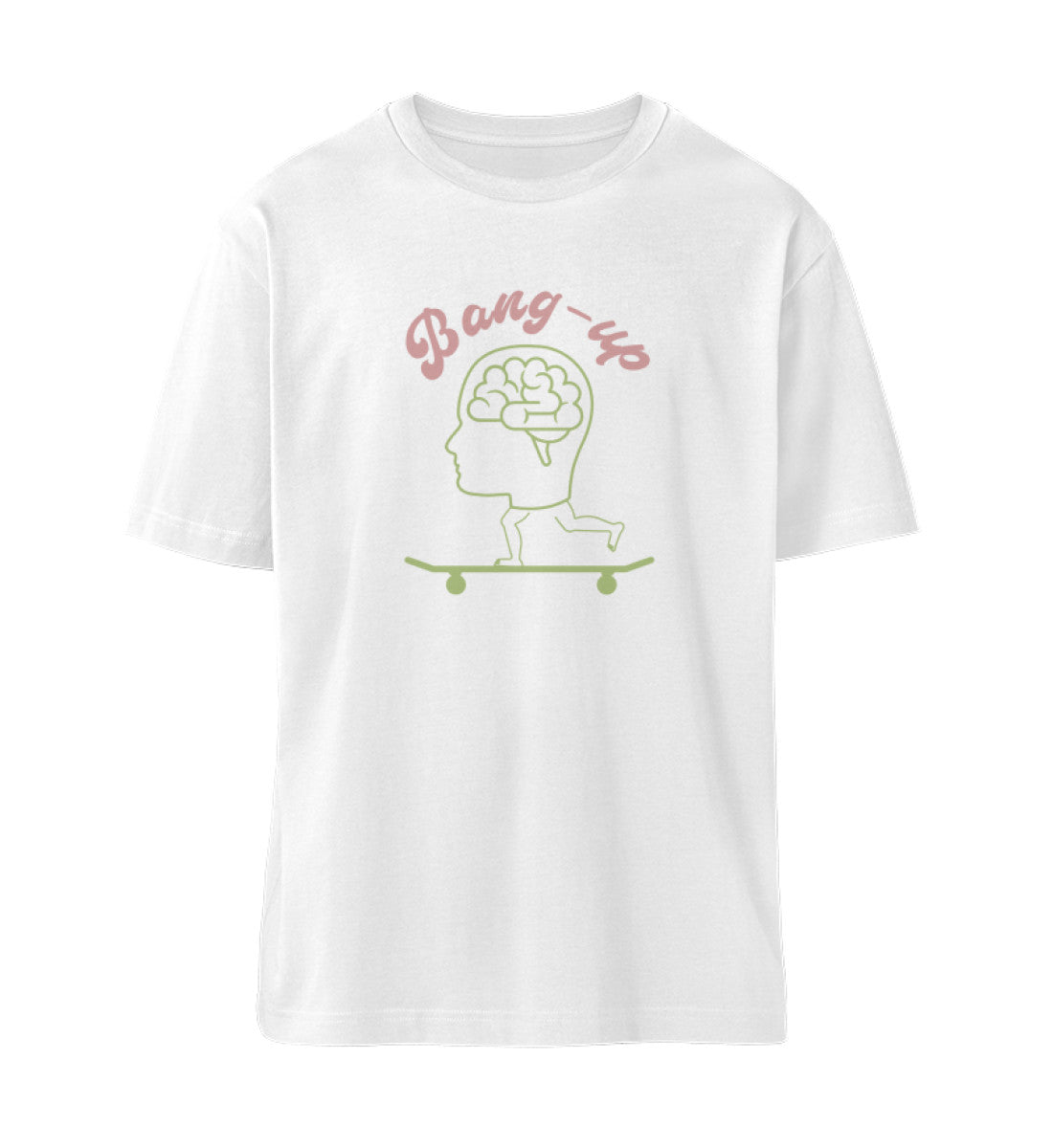Weißes T-Shirt Unisex für Damen und Herren im Relaxed Fit rückseitig bedruckt in schwarz mit Design der Skateboard Bang Up Brain Kollektion und dem Logo Schriftzug von Roger Rockawoo Clothing