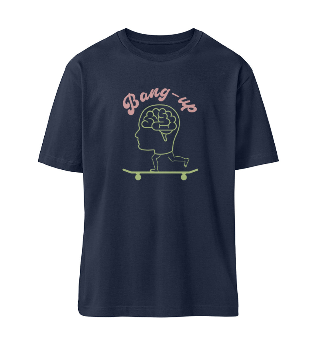 French Navy Blue T-Shirt Unisex für Damen und Herren im Relaxed Fit rückseitig bedruckt in schwarz mit Design der Skateboard Bang Up Brain Kollektion und dem Logo Schriftzug von Roger Rockawoo Clothing