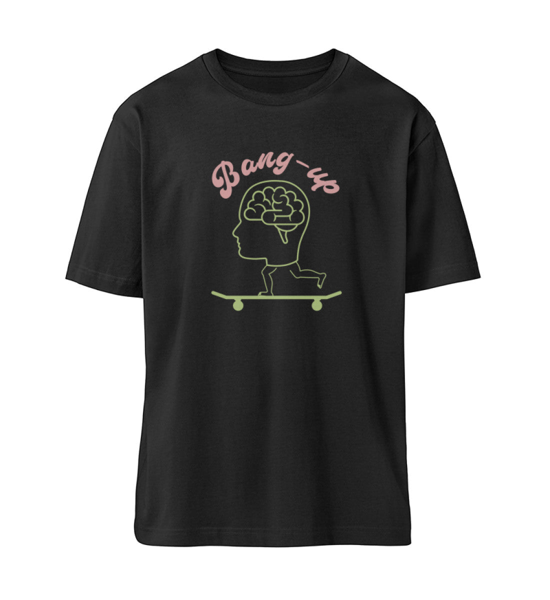 Schwarzes T-Shirt Unisex für Damen und Herren im Relaxed Fit rückseitig bedruckt in schwarz mit Design der Skateboard Bang Up Brain Kollektion und dem Logo Schriftzug von Roger Rockawoo Clothing