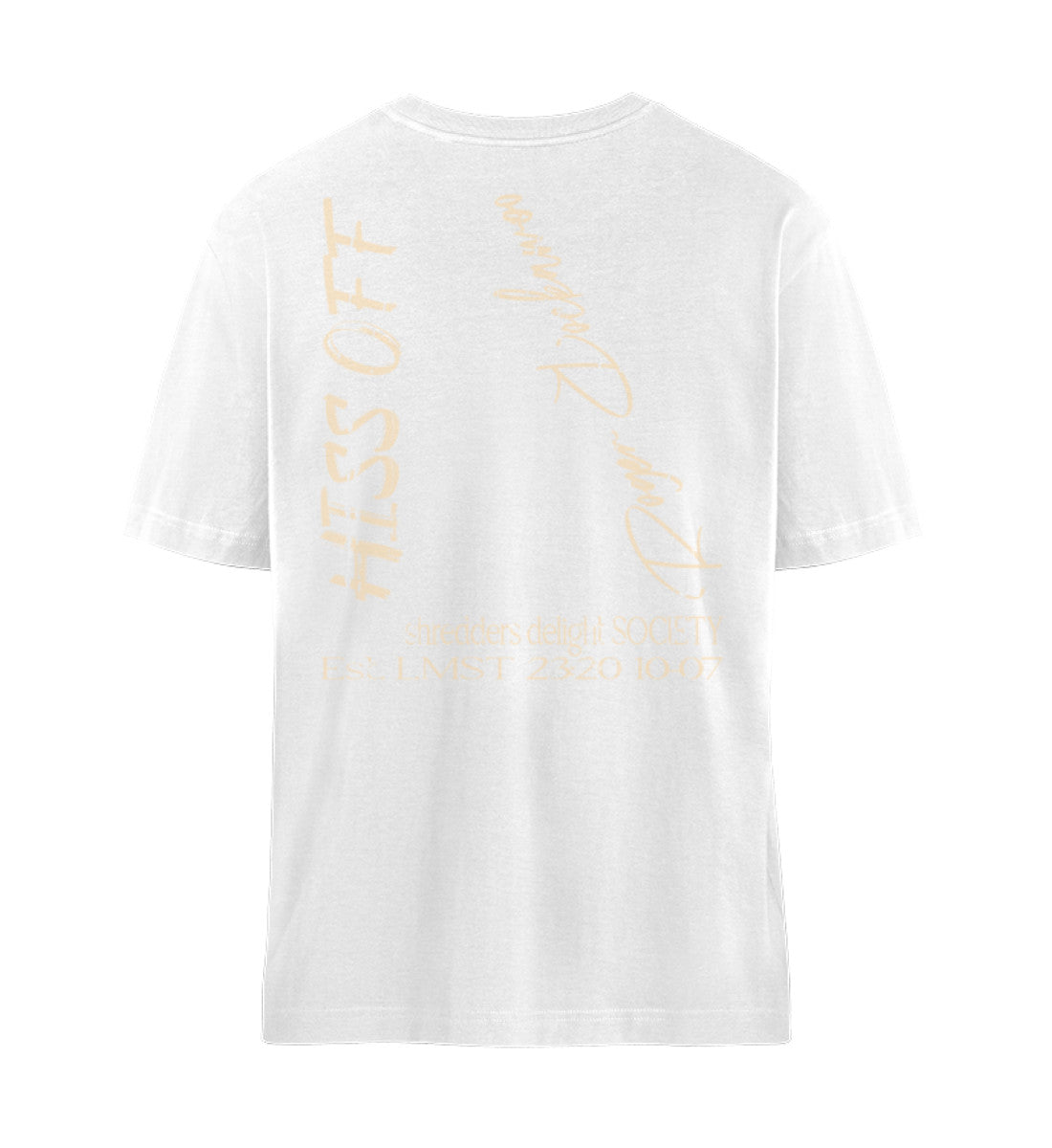 Weißes T-Shirt Unisex Relaxed Fit für Frauen und Männer bedruckt mit dem Design der Roger Rockawoo Kollektion Skateboard Hiss Off
