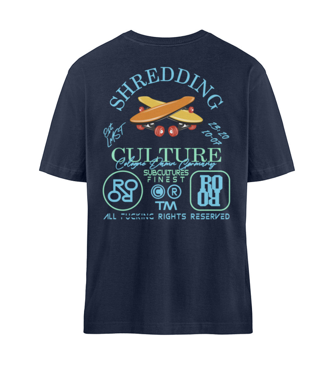 Navy Blue T-Shirt Unisex Relaxed Fit für Frauen und Männer bedruckt mit dem Design der Roger Rockawoo Kollektion Skateboard Shredding Culture Community