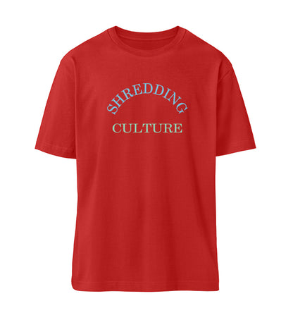 Rotes T-Shirt Unisex Relaxed Fit für Frauen und Männer bedruckt mit dem Design der Roger Rockawoo Kollektion Skateboard Shredding Culture Community