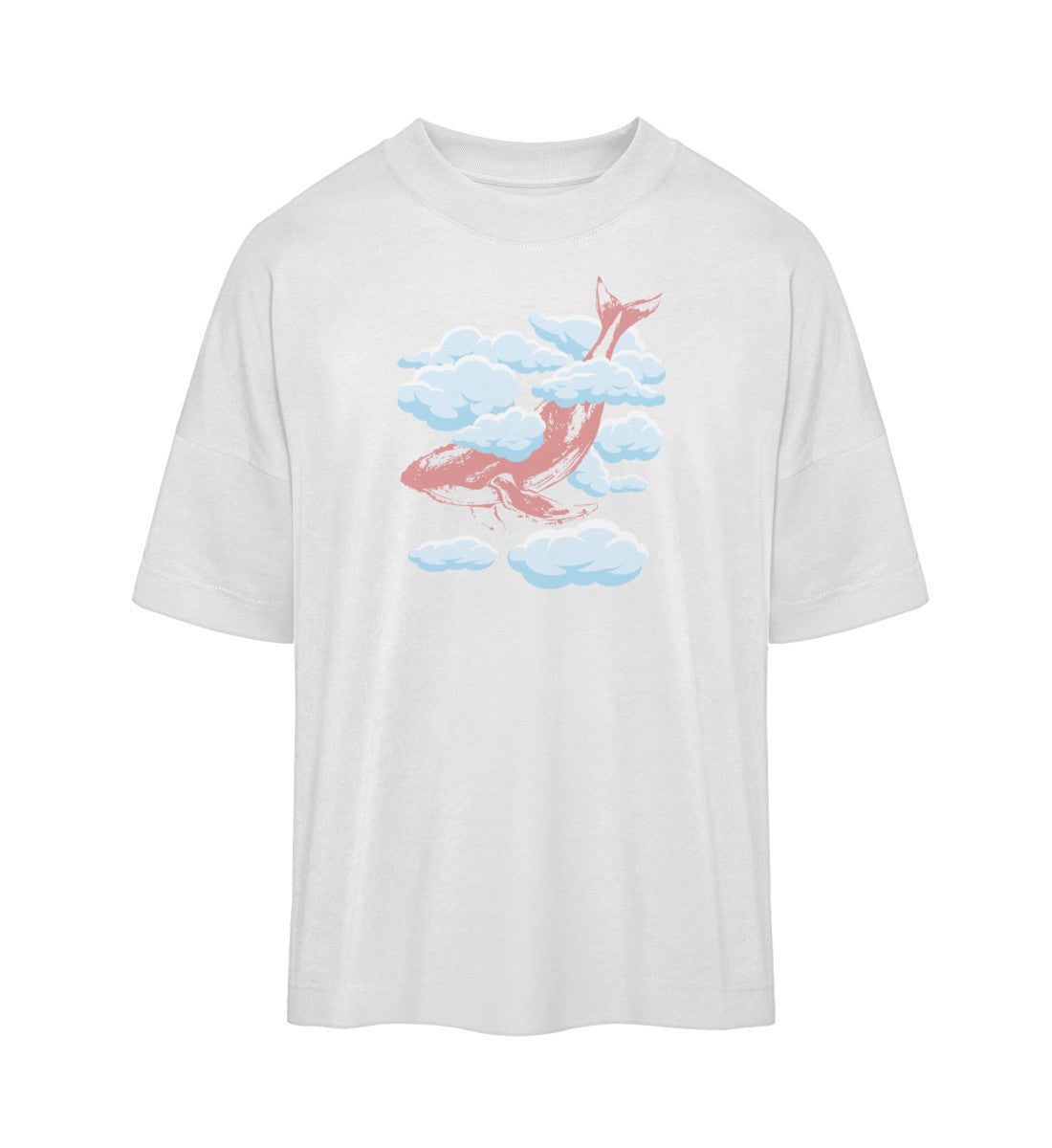 Weißes T-Shirt Unisex Oversize Fit für Frauen und Männer bedruckt mit dem Design der Roger Rockawoo Kollektion Skydiver Whale