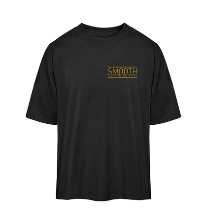 Schwarzes T-Shirt Unisex Oversize Fit für Frauen und Männer bedruckt mit dem Design der Roger Rockawoo Kollektion Smooth Custom Guitars