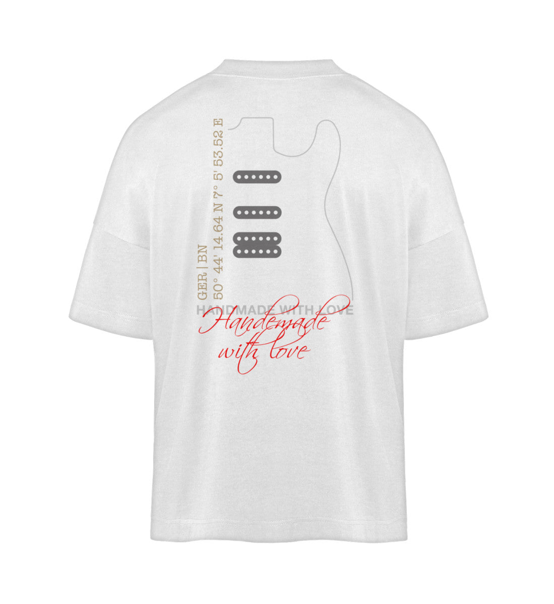 Weißes T-Shirt Unisex Oversize Fit für Frauen und Männer bedruckt mit dem Design der Roger Rockawoo Kollektion Smooth Custom Guitars