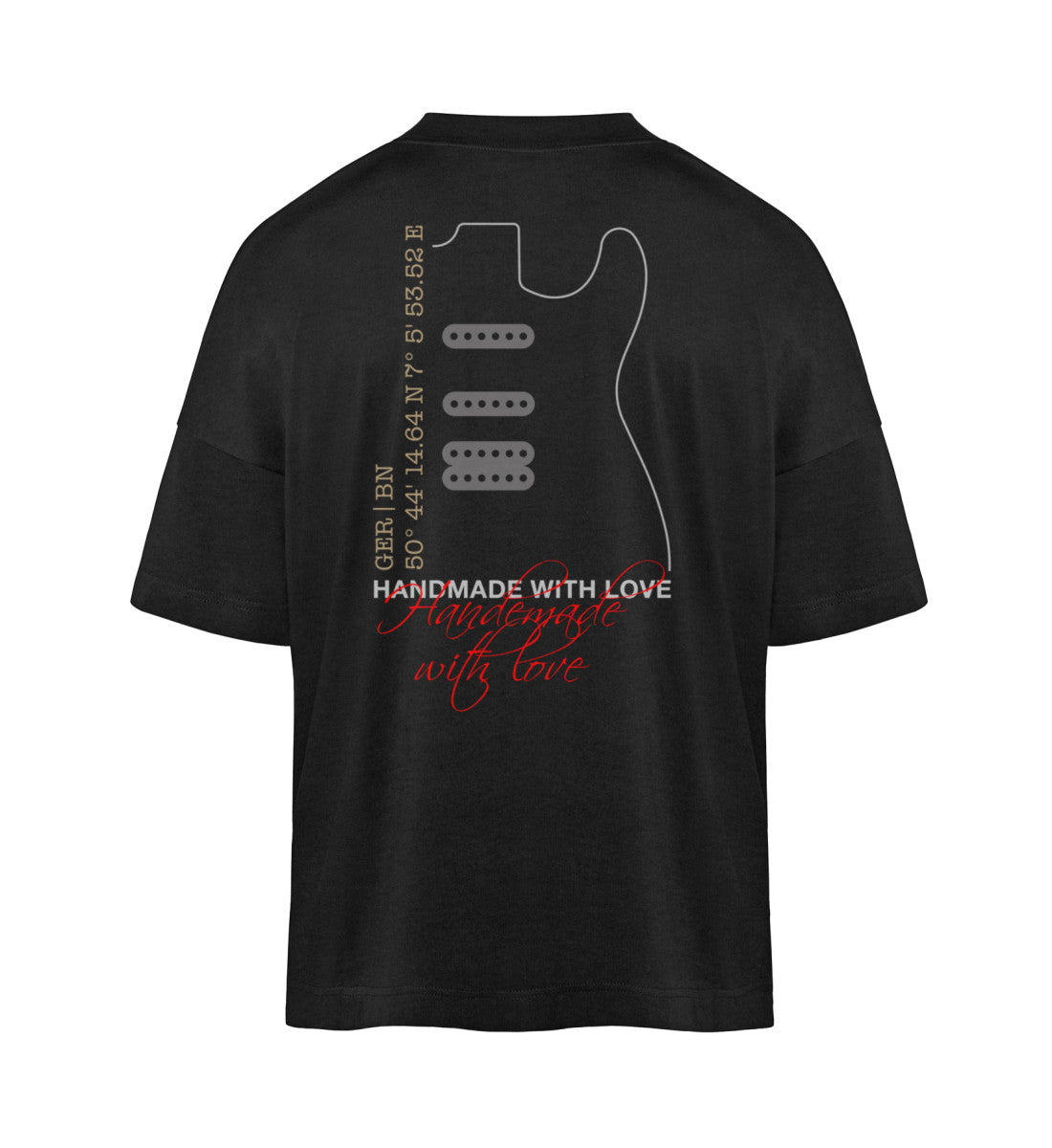 Schwarzes T-Shirt Unisex Oversize Fit für Frauen und Männer bedruckt mit dem Design der Roger Rockawoo Kollektion Smooth Custom Guitars