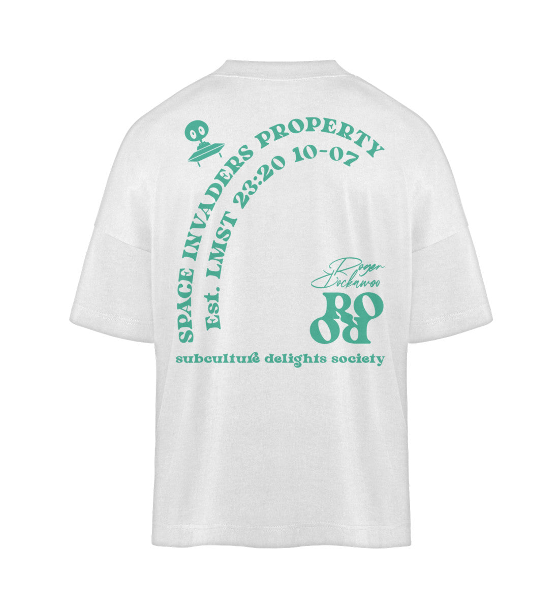 Weißes T-Shirt Unisex Oversize Fit für Frauen und Männer bedruckt mit dem Design der Roger Rockawoo Kollektion Space Invaders Property